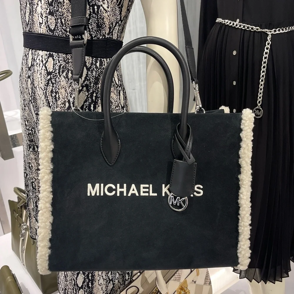 MICHAEL KORS Mirella Medium Suede and Faux Shearling Tote Bag Black  NWT